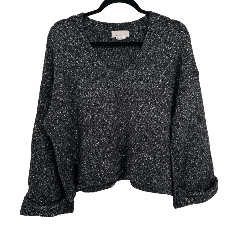 Anthropologie Women's XS Extra Small Oversized V Neck Gray Knit Sweater